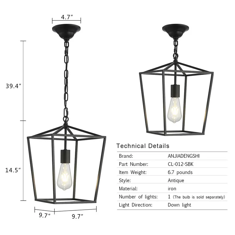 Vedhæng Lys LED Vintage Loft Lanterne Hængende Lampe Højde Justerbar IronLighting Inventar til Restaurant Køkken Sort Lys