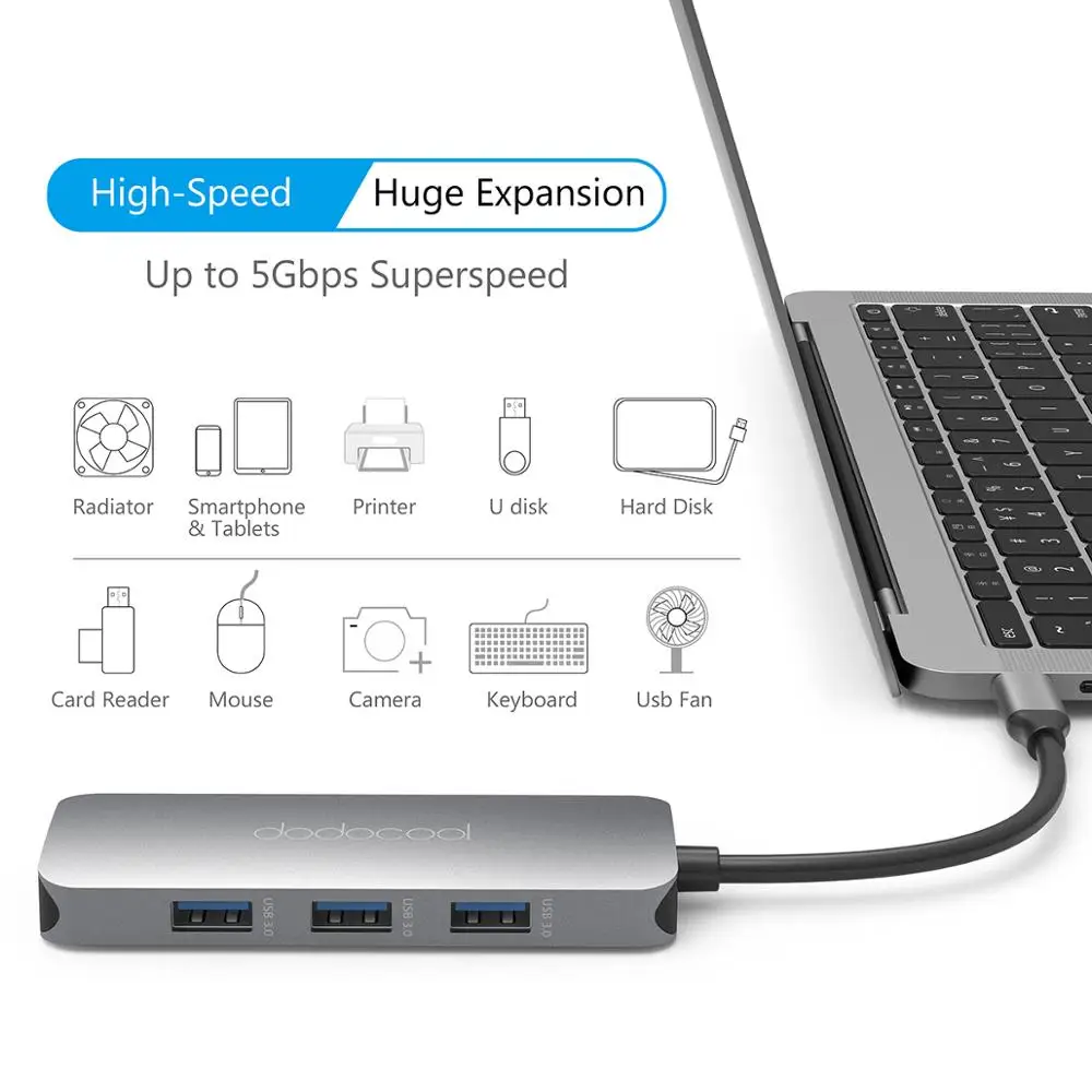 Dodocool 7-i-1 USB-C USB-C-Hub med Type C Power Levering Hub 4K HD-Output USB 3.0 HUB SD/TF for MacBook Pro Huawei P20 Pro