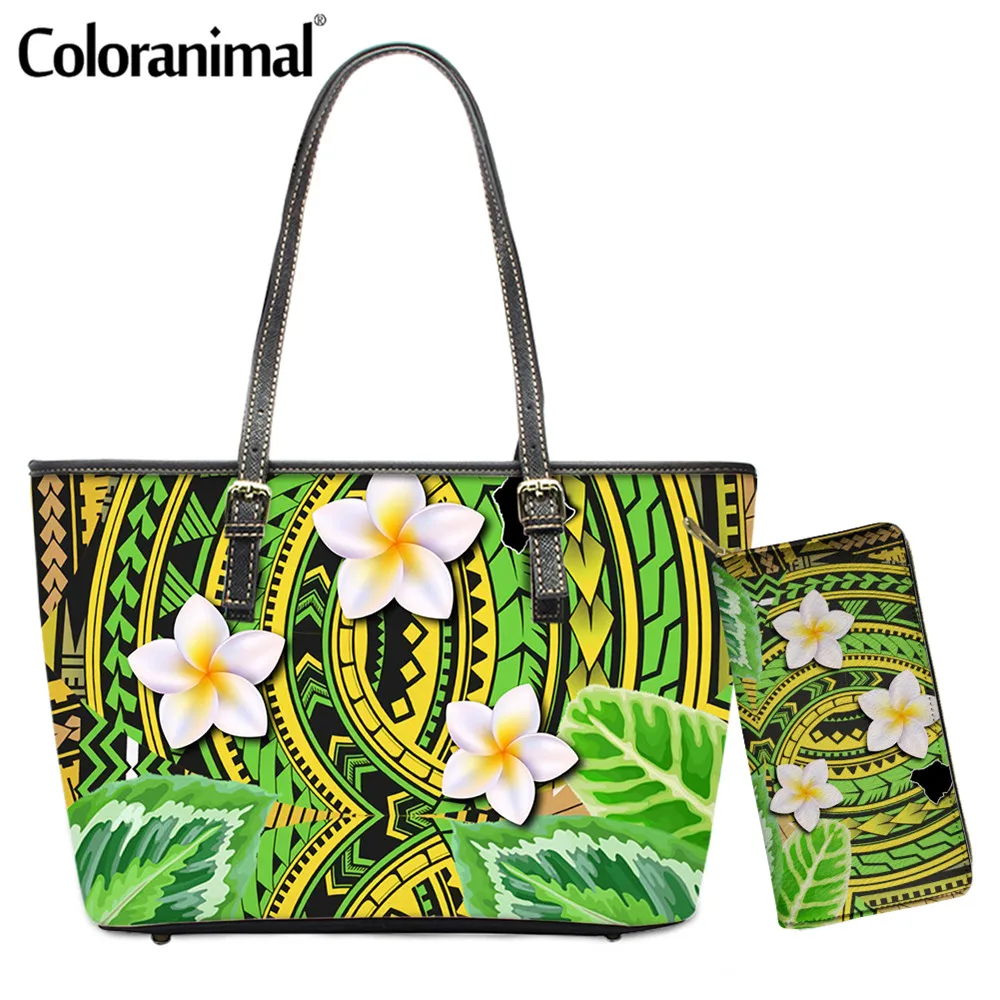 Coloranimal Afrikansk Stamme, Stil, Brand Design Håndtaske for Kvinder Polynesiske Plumeria Print Skulder Bag 2stk PU Læder Tote Taske
