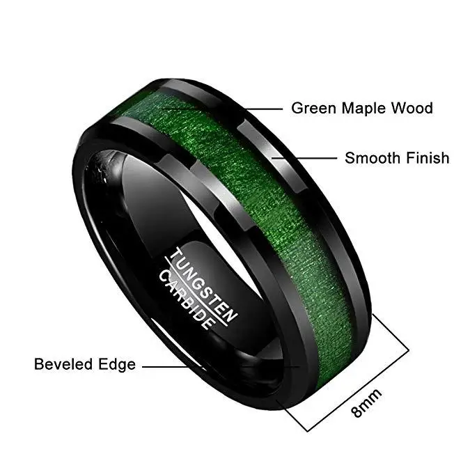 Vintage 8mm Bredde Indlagt Ahorn Galvaniseret Sort Tungsten Ring, med en Grøn Linje Wdding Smykker AAA Kvalitet