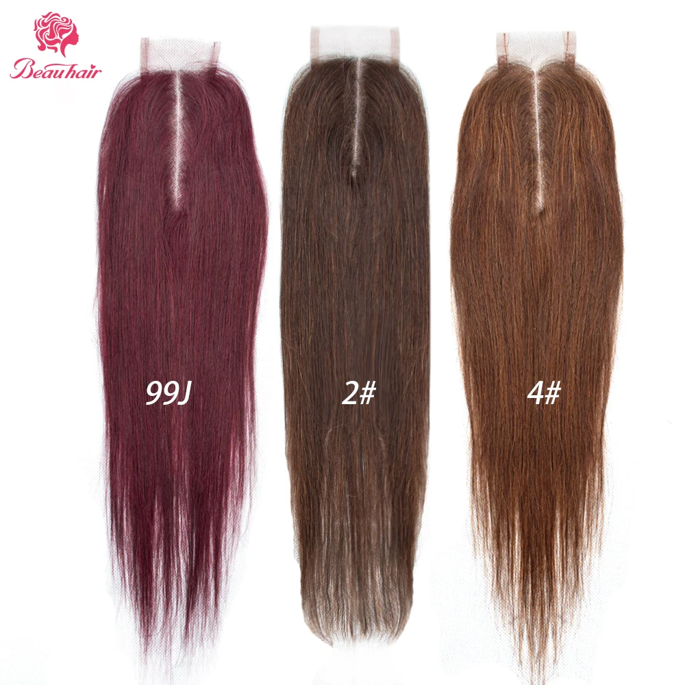LUXEDIVA PreColored Straight Hair Weave Bundter Med Lace Lukning 4x2 Brasilianske Menneskelige Hår Extensions 99J #2 #4 Lys Brun Remy