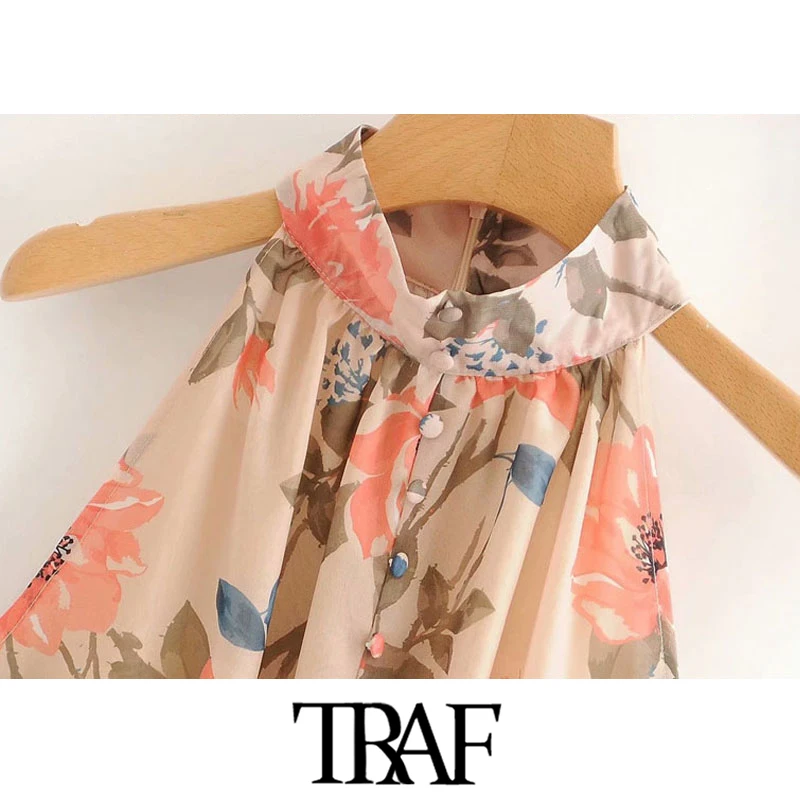 TRAF Kvinder Chic Mode Blomster Print Med Chiffon Bælte Mini Kjole Vintage Jakke Med Foer Kvindelige Kjoler Mujer