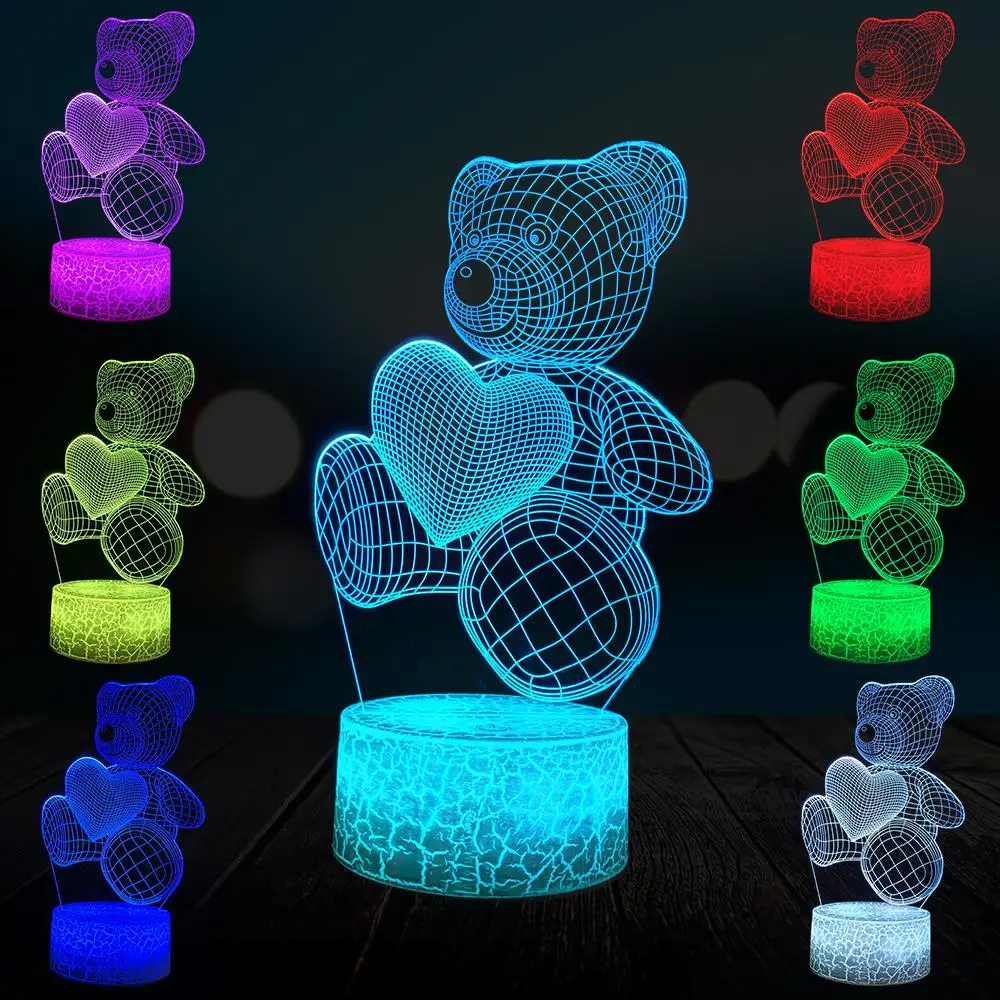 Teddy Hjertet Bære 3D-Lampe Belysning LED USB Humør Tabel Kærlighed Night Light Action Toy Tal Luminaria Barn Kid Legetøj Nyhed Gave