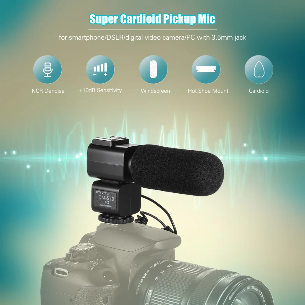 ORDRO CM-520 Ekstern Mikrofon med Super Nyre Electret Condenser-Mikrofon w/Hot Shoe Mount til Canon Nikon Sony DSLR-DV-Camcorder