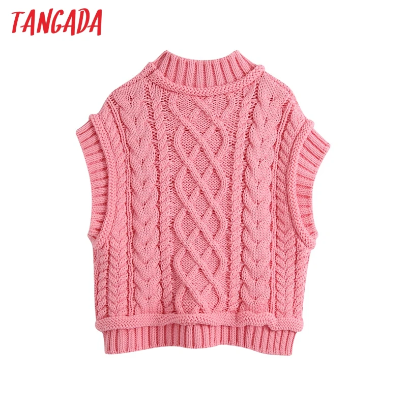Tangada korea smarte kvinder pink rullekrave twist vest jumper vintage ladies short stil sød strikket toppe BE936