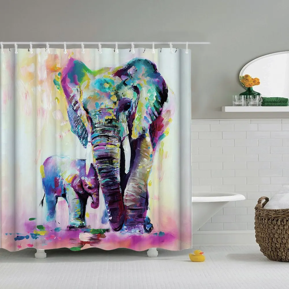 Dafield Elefant-Brusebad Gardin Elefant Abstrakte Vintage Indiske Farverige Boheme Boho Stil Olie Maleri Badeforhæng