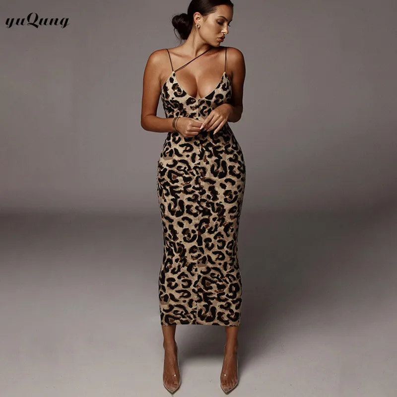 Yuqung leopard print sexet bodycon lang kjole 2020 foråret sommeren kvinder streetwear rem ærmeløs club party maxi kjole tøj
