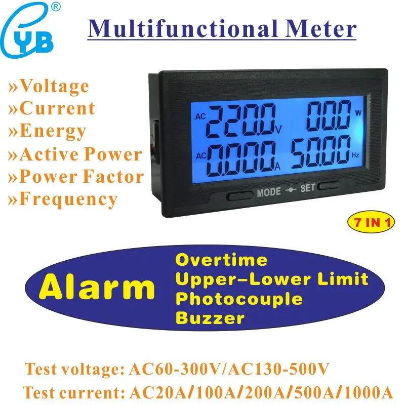 YB5140DM-Z Spænding Øvre og Nedre alarmgrænse Output AC Digital Voltmeter Amperemeter Power Meter Amp Hz 20A 100A 200A Split CT