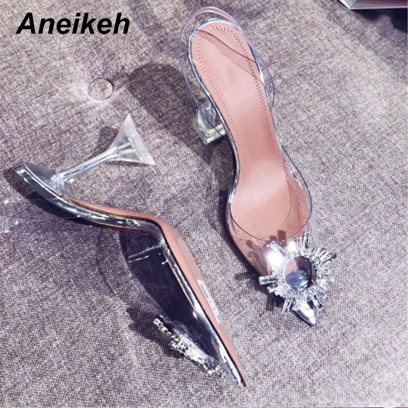 Aneikeh Stor Størrelse 41 42 43 44 45 Mode Klart PVC-Sandaler til Kvinder Sko Rhinestone Solsikke Høje Hæle Sommer Tilbage Strap Sandaler