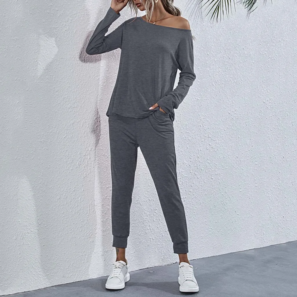 2020 Efterår og vinter Træningsdragt Kvinder 2 delt Sæt Løst Behageligt enkle Stil ensfarvet langærmet Afslappet Jakkesæt Tøj S-XL)#4