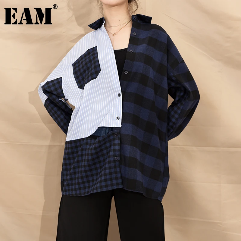 [EAM] Kvinder Blå Kontrast Farve Plaid Stor Størrelse Bluse Nye Revers Lange Ærmer i Loose Fit Skjorte Fashion Forår, Efterår 2021 1Z8620