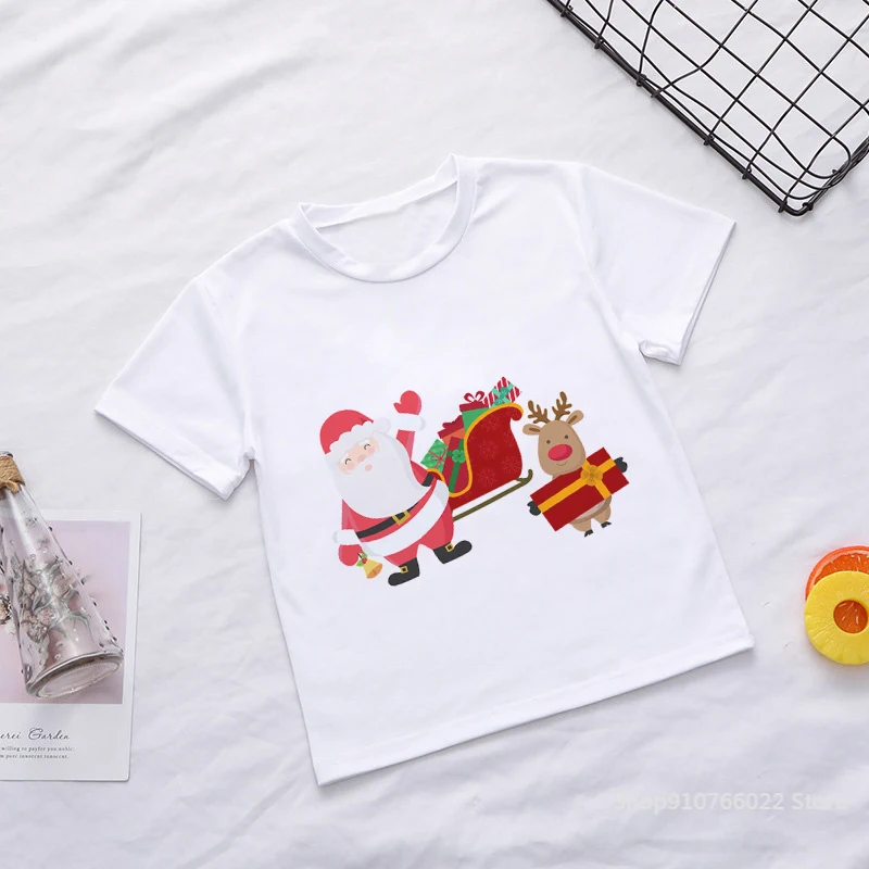 Udskrivning Jul Shirt Afslappet Sommer Kids Drenge T-Shirt Santa Claus Træ Elk Kawaii Dejlige Korte Ærmer Fashion Baby Pige Toppe
