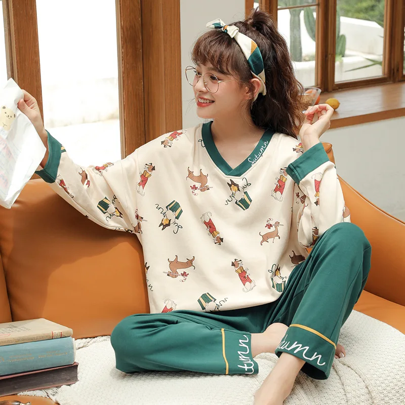Pyjamas Sæt To Kvinder Stykke Fuld Længde Søde Pjs Feminino Tøj Hjem Bære Ulzzang Fritid Kawaii Print Vinteren Forskellige Stilarter