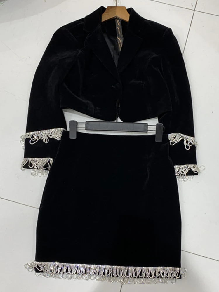 Tunge håndværk diamant-besat og sort velour passer krave kort frakke damer efterår new style + høj talje nederdel, der passer