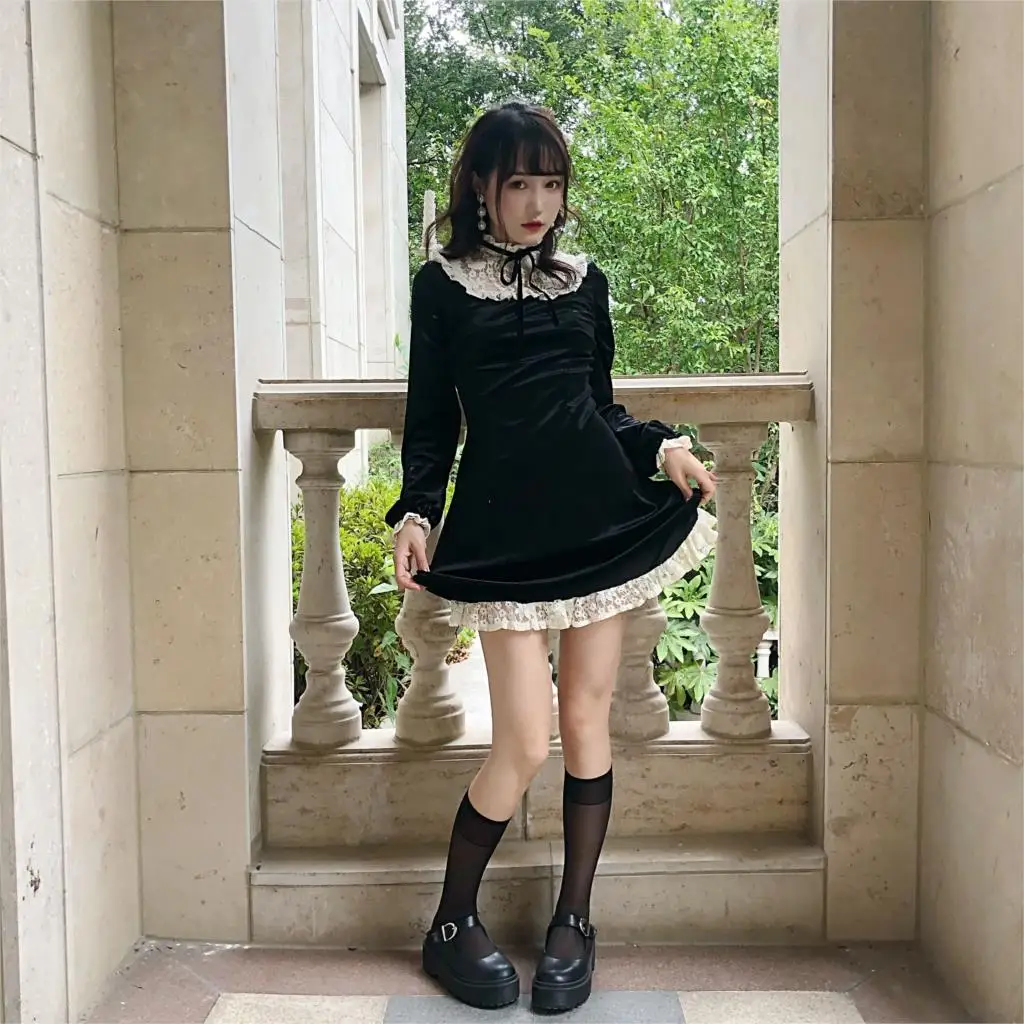 Vintage Gothic Lolita Kjole Piger Japansk Blonder Patchwork Lace-up Stå Krave Velour Mini Kjole Kvinder Punk Kjoler