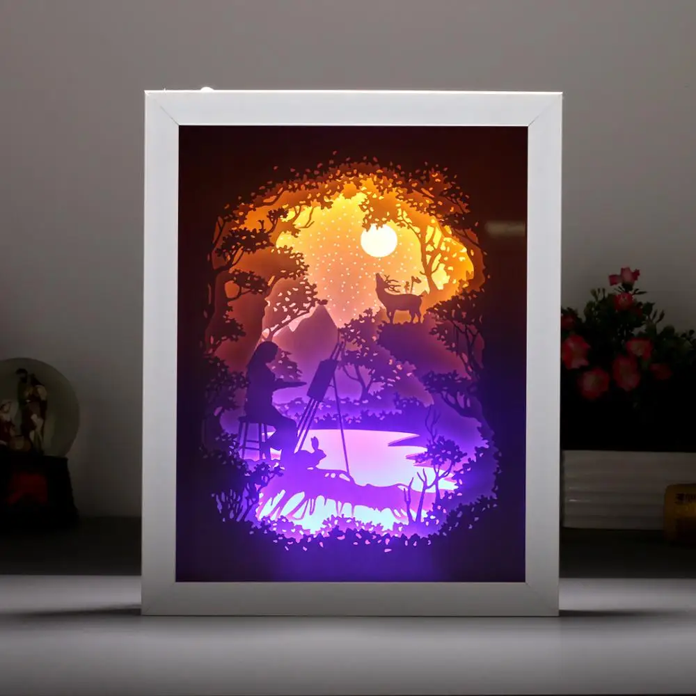 Shadow Papir-Cut Light Box Kreative Tegnefilm Gave bordlampe Tegnefilm Dekoration 3D Sengen Led Lys Ramme