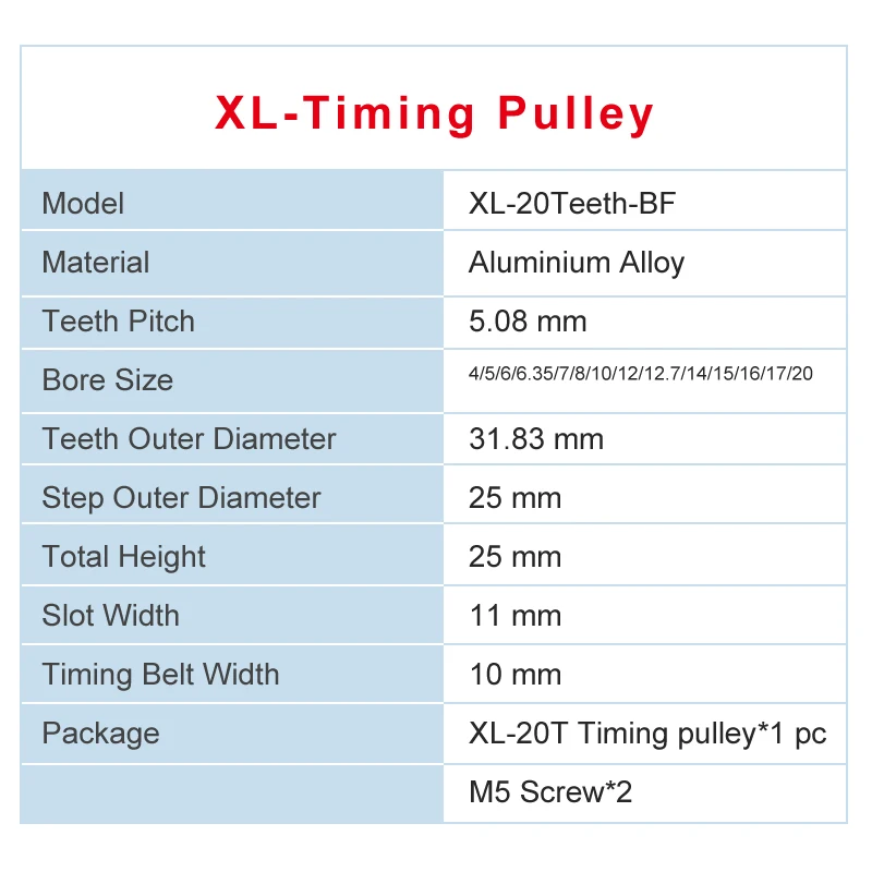 XL 20 T Timing Remskive Bar 4/5/6/14/20 mm Tænder Tanddeling 5,08 mm Aluminium Pulley Hjul Tænder Bredde 11 mm Til 10 mm XL Timing Bælte