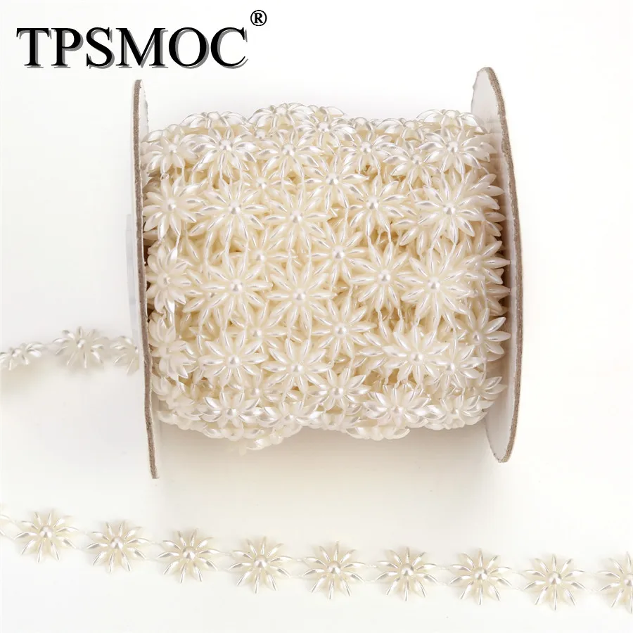 TPSMOC Gratis fragt 10Yards kostume applique 15mm blomst pearl kæde trim Brudekjole, Bryllup Dekoration