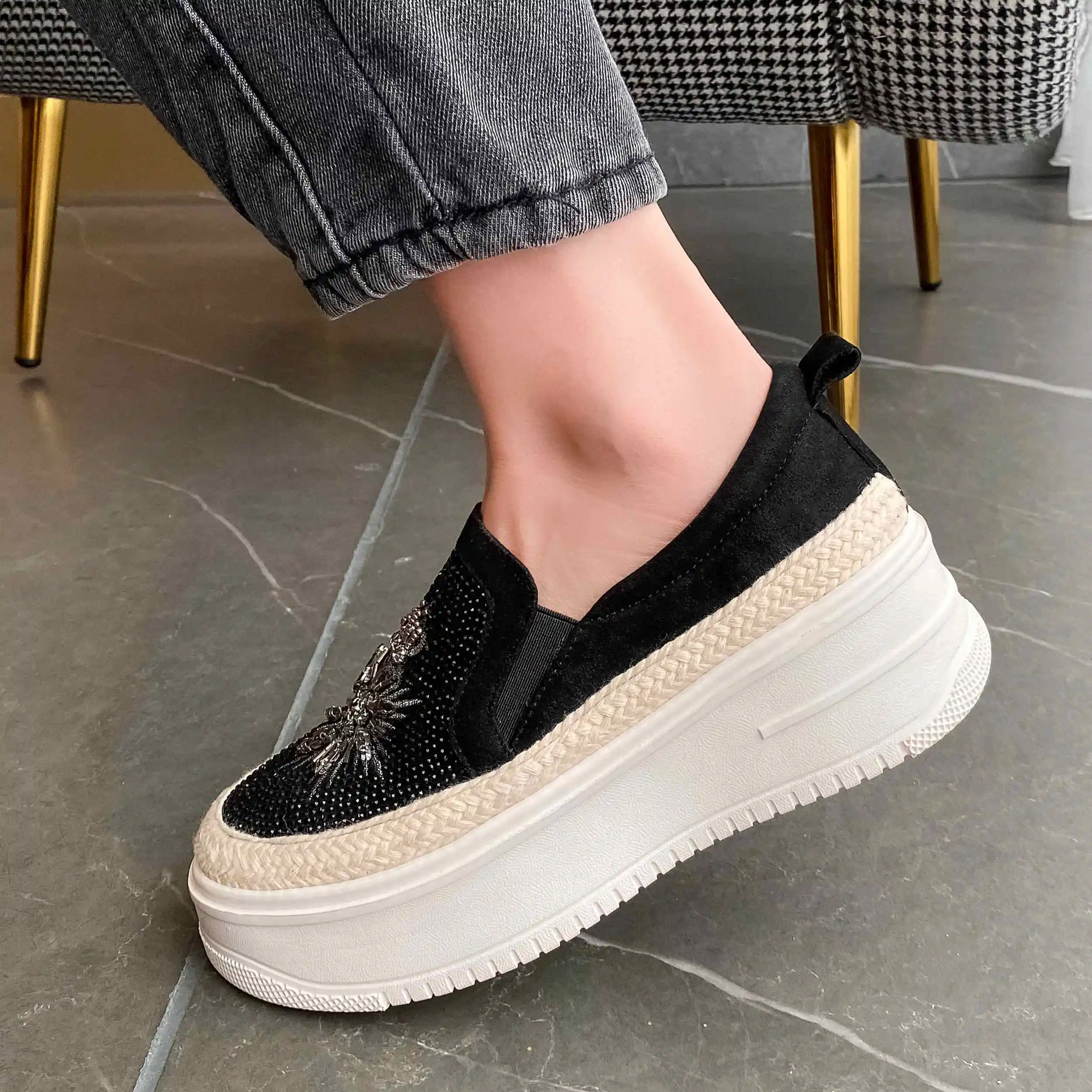 Krazing hot pot får læder sneaker rhinestone bling rund tå tyk bund høje hæle elastik vulkaniseret sko kvinder L53