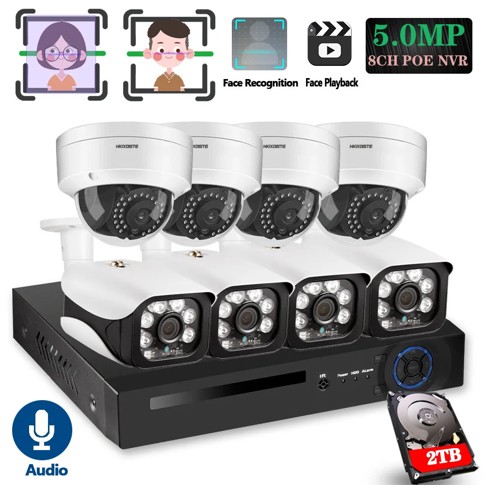 8CH 5MP Trådløse NVR POE Sikkerhed 8 stk Bullet&Dome IP Kamera System IR-CUT P2P CCTV Videoovervågning Optager Kit Ansigt Rekord