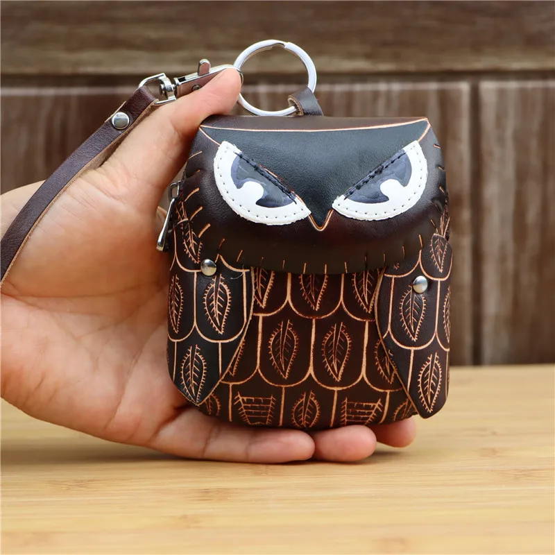 Læder håndlavede kreative owl mini mønt pung koskind card taske-tasten taske hånd clamshell børn håndbåret tegnefilm dyr taske