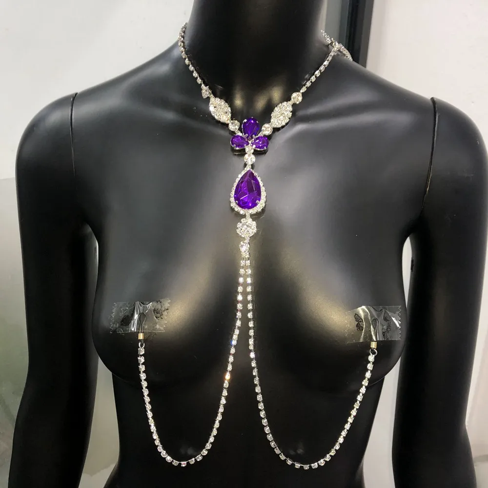 Unikke Luksus Stor Grøn Krystal Sexede Nipple Non Piercing Kæde Organ Smykker til Voksne Bling Rhinestone Body Kæde Bra Halskæde