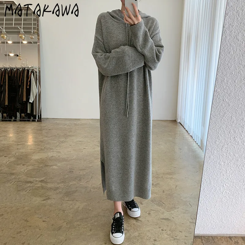 MATAKAWA Casual Loungewear Kvinder Korea Smarte Løs, Lang Sweater Kjole Split Hætte Strikket Kjoler til Kvinde