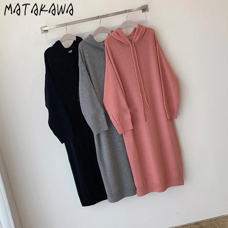 MATAKAWA Casual Loungewear Kvinder Korea Smarte Løs, Lang Sweater Kjole Split Hætte Strikket Kjoler til Kvinde