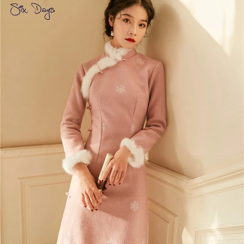 Retro Kvinder Uldne Pink Kjole Slim Unge Kinesiske Moderne Qipao Vinter Kjole Vintage Nåde Cheongsam Afslappet Part Dame Vestidos