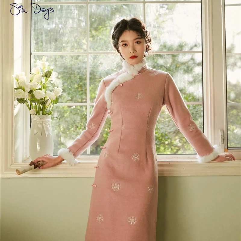 Retro Kvinder Uldne Pink Kjole Slim Unge Kinesiske Moderne Qipao Vinter Kjole Vintage Nåde Cheongsam Afslappet Part Dame Vestidos