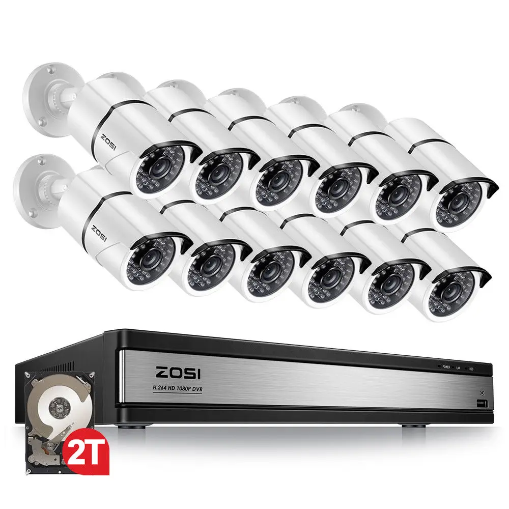 ZOSI 16CH 1080p Sikkerhed Kamera System med 12 2,0 MP Udendørs/Indendørs CCTV Bullet overvågningskamera med 100ft Long Night Vision