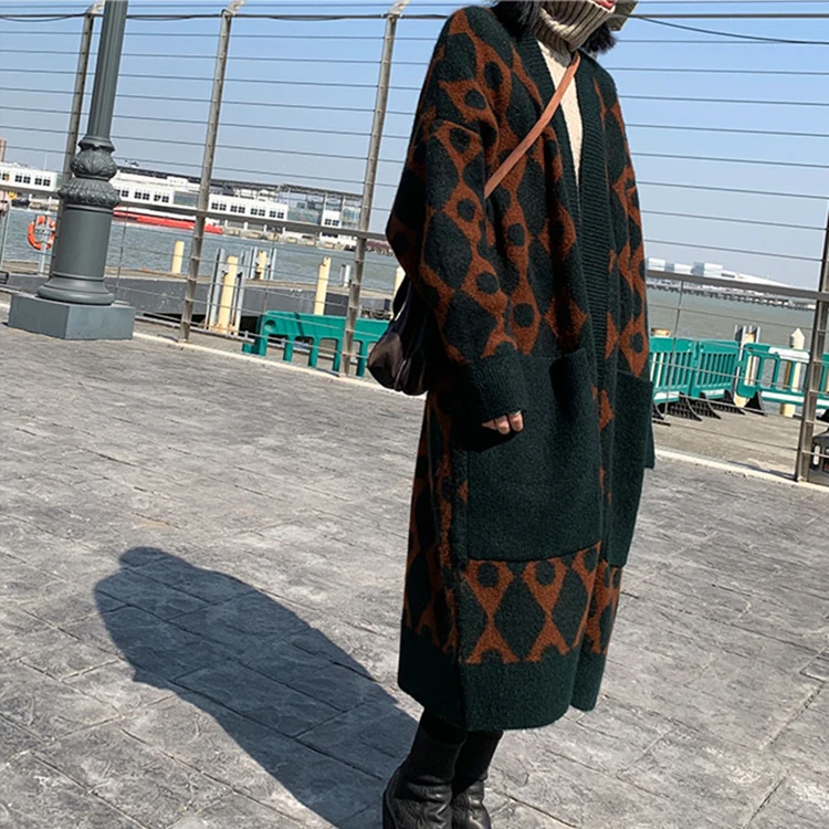 ZCWXM Nye 2020-Efterår Vinter Store Lommer Sweater Strikket Kvinder koreanske Fashionable Oversize Kontrasterende Lange Cardigans
