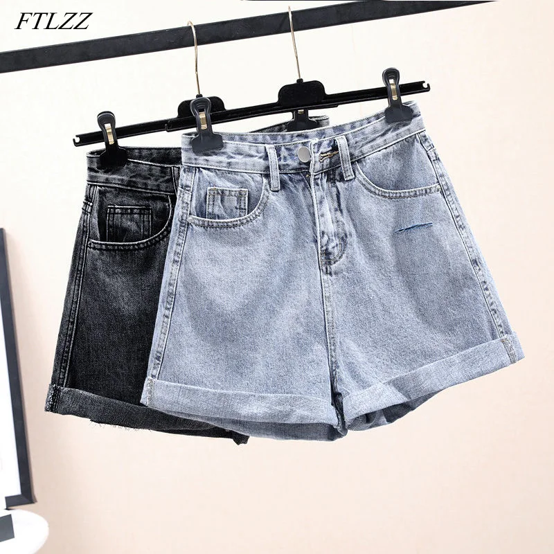 FTLZZ 2020 Nye Sommer Høj Talje Vintage Kvinder Blå Denim Shorts Casual Kvindelige Solid Farve Streetwear Brede Ben Jeans Shorts
