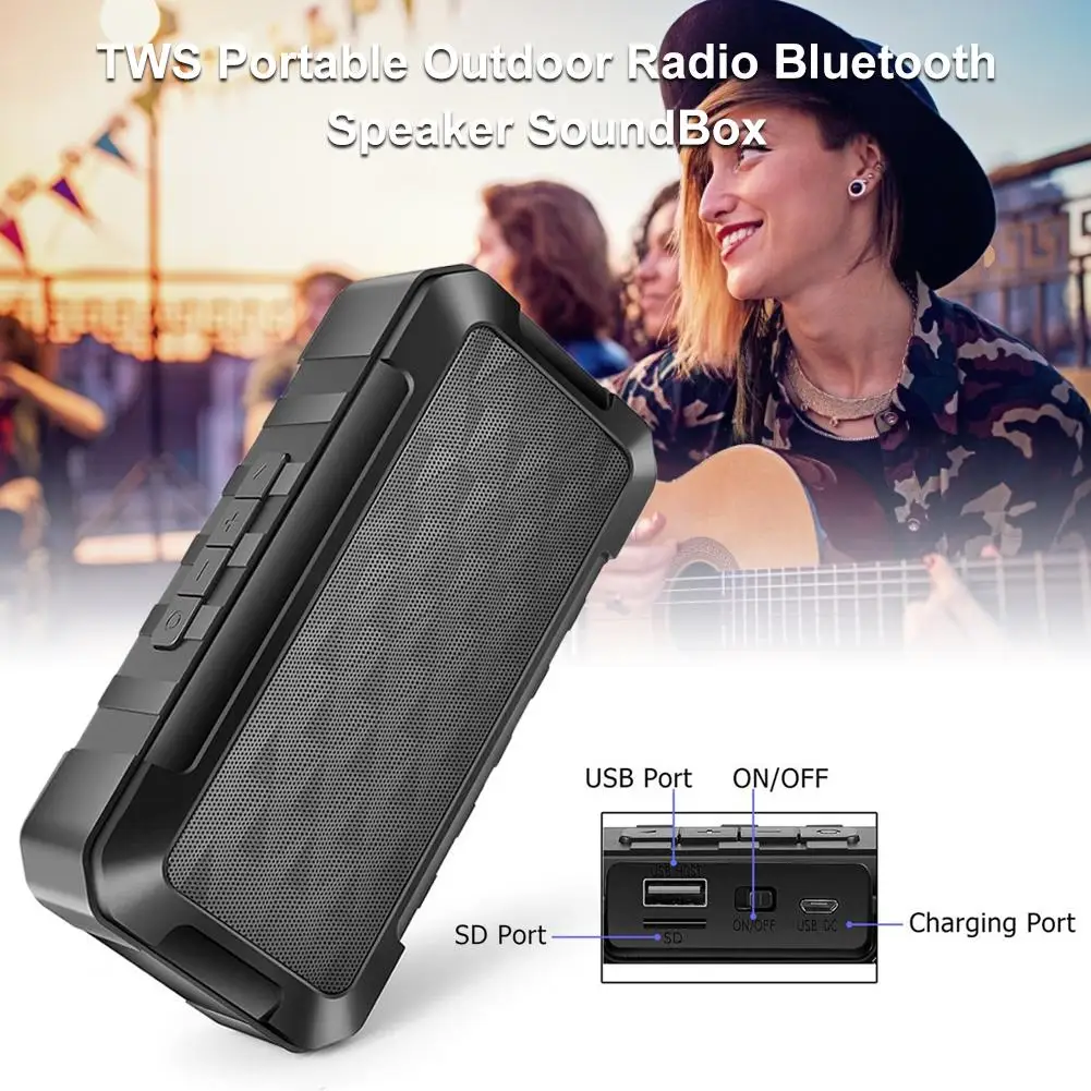TWS-Radio, Bluetooth Højttaler 10W Bærbare Udendørs IPX5 Vandtæt V5.0 Radio Højttaler SoundBox Med Data Line