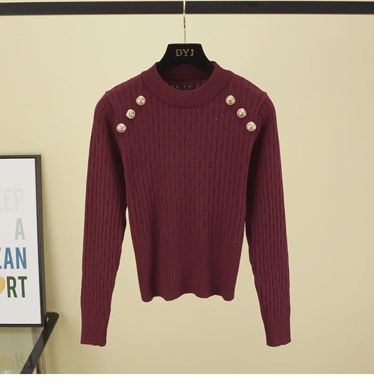 Fuld Ærme O-hals Høj Kvalitet Sweater Shirts Med Dekorerede Knapper Piger Elastisk Crop Tops Efteråret Trøjer Trøjer Kvinder