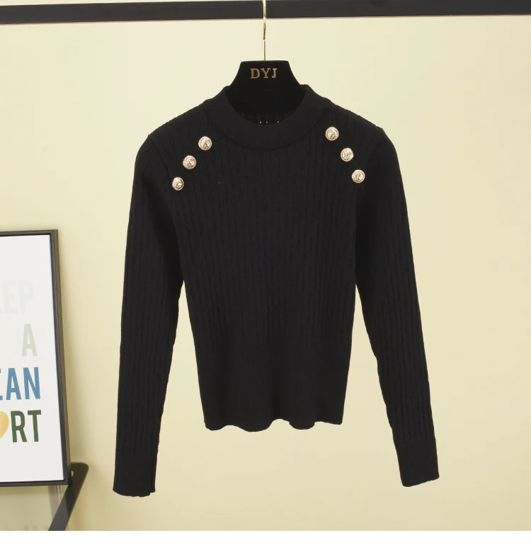 Fuld Ærme O-hals Høj Kvalitet Sweater Shirts Med Dekorerede Knapper Piger Elastisk Crop Tops Efteråret Trøjer Trøjer Kvinder