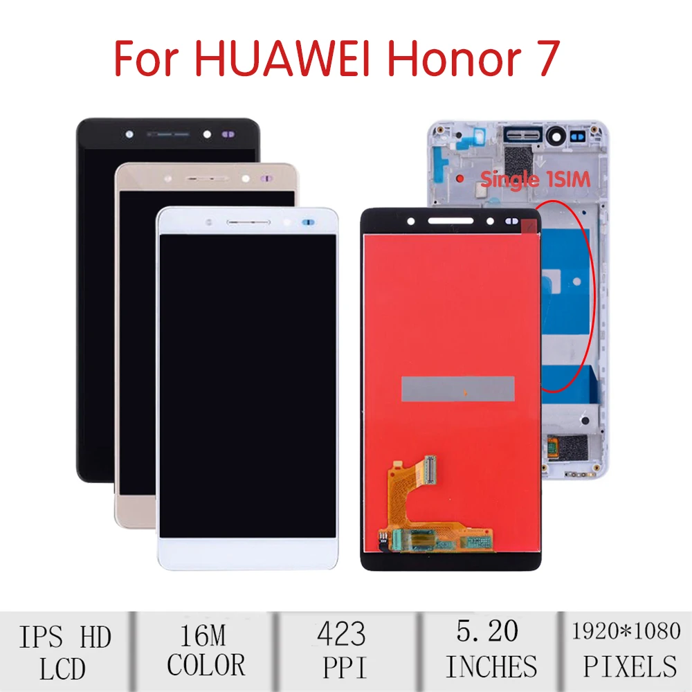 Den oprindelige Huawei Honor7 LCD-Touch Screen Digitizer Assembly For Huawei Honor7 Skærm med Ramme Udskiftning PLK-L01 PLK-AL10