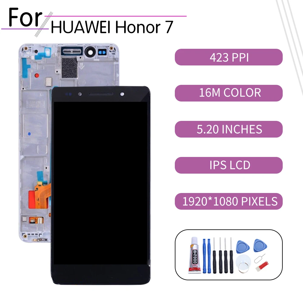 Den oprindelige Huawei Honor7 LCD-Touch Screen Digitizer Assembly For Huawei Honor7 Skærm med Ramme Udskiftning PLK-L01 PLK-AL10