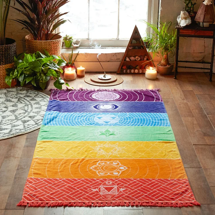 Boheme Enkelt-Rainbow-Chakra-Tapetet kvinder tørklæde Mandala Hippie Boho Striber yogamåtte