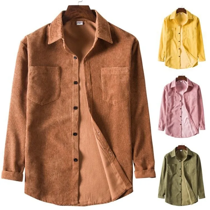Mænds Tøj 2020 Falde Corduroy Shirt Revers langærmet ensfarvet Tykkere Skjorte i Stor Størrelse Casual Cardigan Jakke
