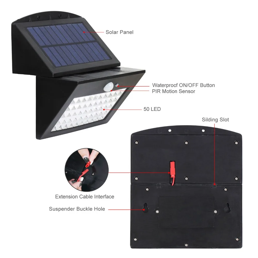 T-SUNRISE-50 LED Separatable Motion Sensor væglampe 3000k Varm Hvid LED Solcelle Lampe til Indendørs/Udendørs Brug IP65 Vandtæt