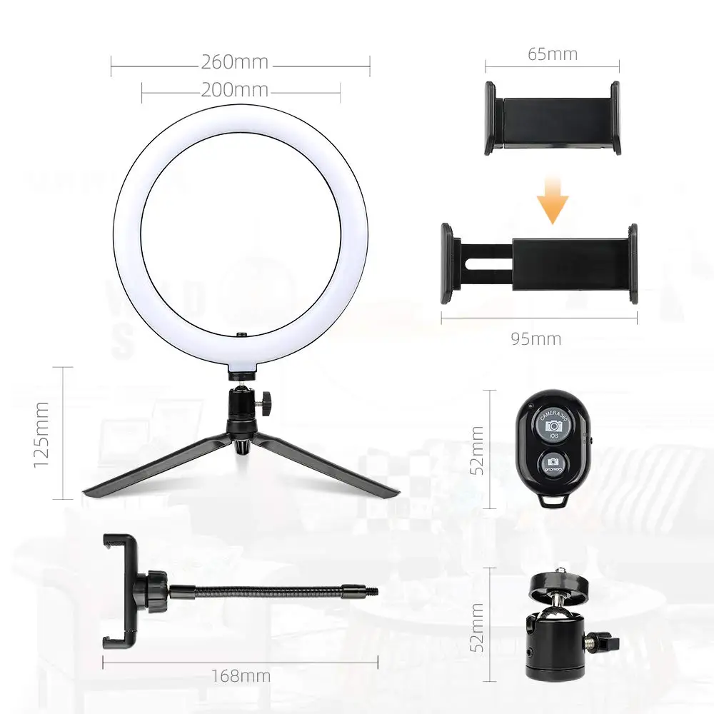 10 tommer LED-Ringen Lys Fotografiske Selfie Ring Lys med stativ til Smartphone, Youtube Makeup Video Studio Stativ aro de-luz