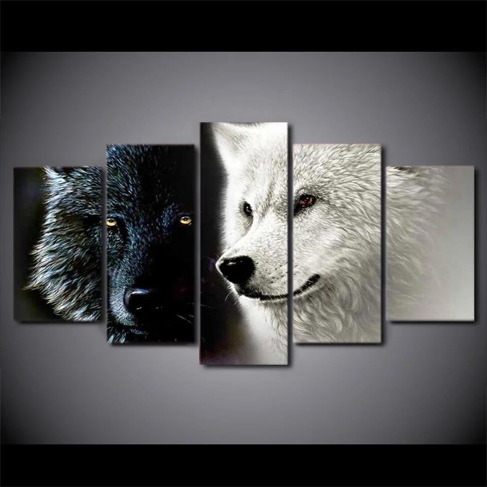 Moderne Billeder Stue Indretning Væg Kunst, Abstrakt Foto 5 Stykker Plakat Black White Wolf Par Lærred Maleri Frame PENGDA