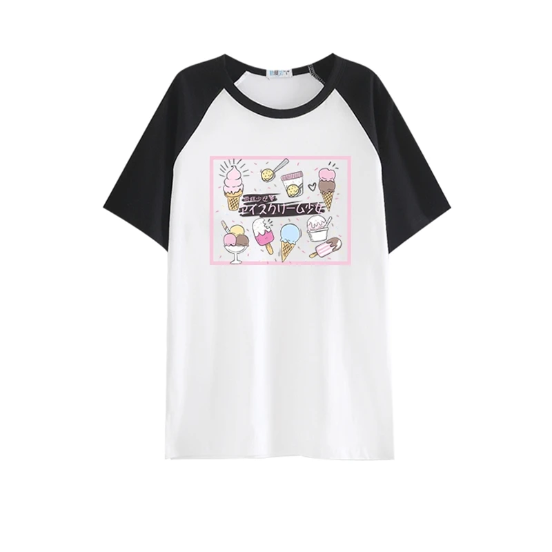 Japansk Kawaii Grafisk Kvinder T-Shirt Sommer Slik Lyserød Is Trykte Tegneserie Venner Toppe Femme Hvid T-Shirt Tøj