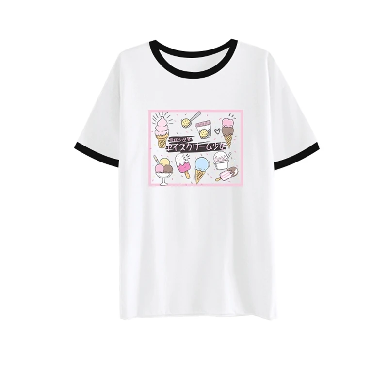 Japansk Kawaii Grafisk Kvinder T-Shirt Sommer Slik Lyserød Is Trykte Tegneserie Venner Toppe Femme Hvid T-Shirt Tøj