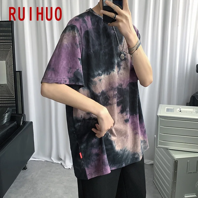 RUIHUO 2020 Ny Tie-Dye kortærmet T-Shirt Mænd tshirt Mandlige Sommer Bomuld t-Shirt Afslappet Mode Toppe M-5XL Sjovt Tøj