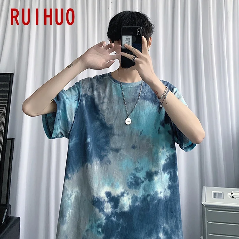 RUIHUO 2020 Ny Tie-Dye kortærmet T-Shirt Mænd tshirt Mandlige Sommer Bomuld t-Shirt Afslappet Mode Toppe M-5XL Sjovt Tøj