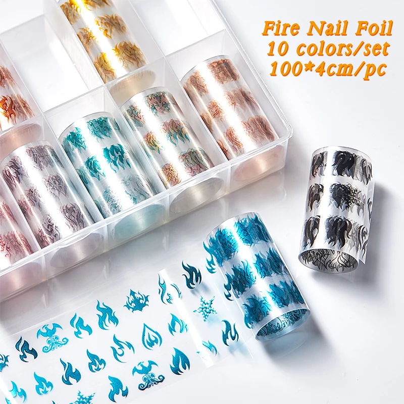 10 Ruller/Set Holografiske Nail Foil Flamme-Klistermærker Sort Guld Nail Art Transfer Klistermærke DIY Selvklæbende Brand Decal Dekoration
