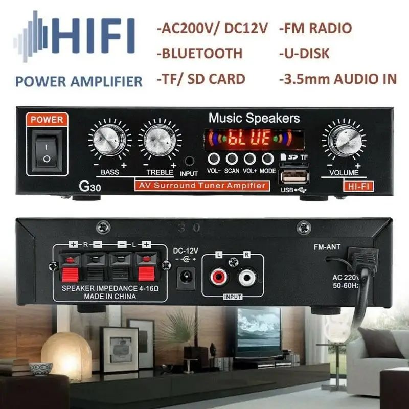 800W G30 Digitale Hjem-Forstærker, Bluetooth-Hifi Stereo Subwoofer musikafspiller Understøtter Fm-Tf Aux 2-Kanal Med Fjernbetjening