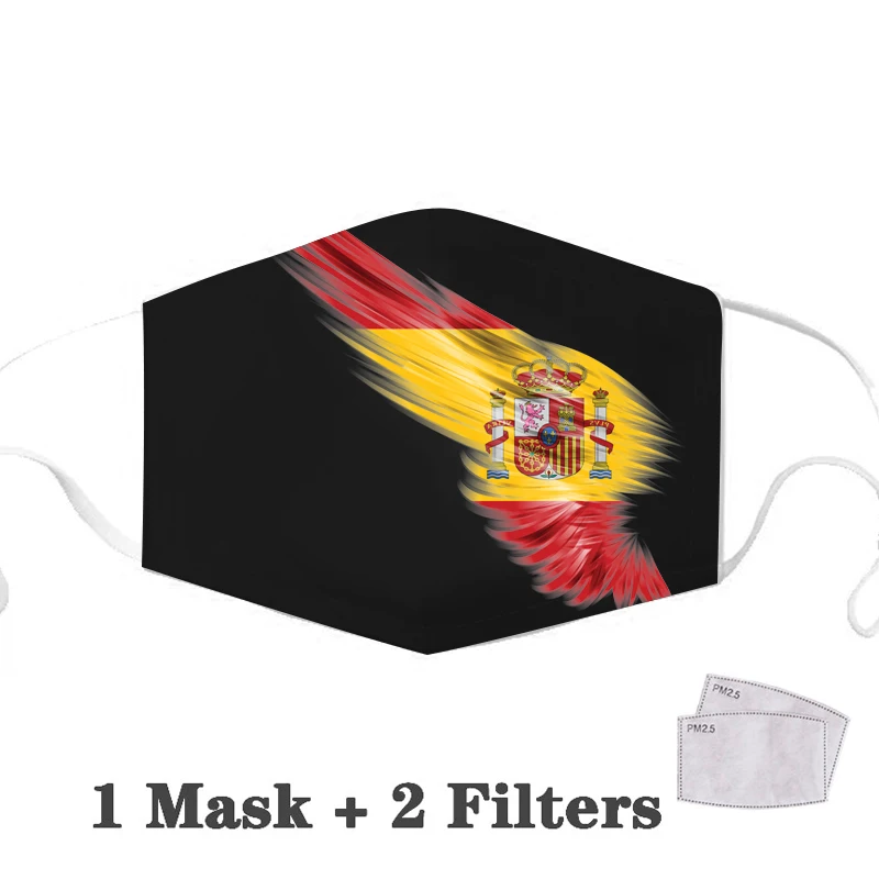 Spanien Voksen Munden ansigtsmaske Flag Print Dækker spansk PM2.5 Filter Genanvendelige Ansigtsmaske Støv Vaskbar Beskyttelse Cover Voksen Maske
